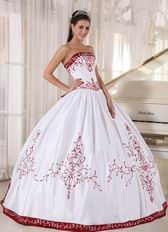 White Quinceanera Dress With Wine Red Embroidery Details