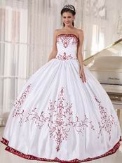 White Quinceanera Dress With Wine Red Embroidery Details