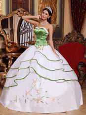 White Discount Quinceanera Dress With Spring Green Details