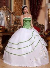 White Discount Quinceanera Dress With Spring Green Details