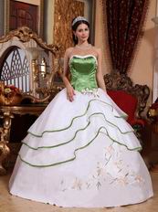 White Discount Quinceanera Dress With Spring Green Details