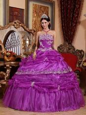 Strapless Purple Organza Puffy Dress To Quinceanera Wear