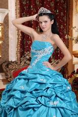 Teal Blue Strapless Appliqued Dress Quinceanera Gown