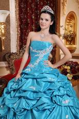 Teal Blue Strapless Appliqued Dress Quinceanera Gown