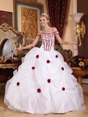 Off Shoulder White Quinceanera Dress With Wine Red Flower