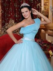 Trimed A-line One Shoulder Baby Blue Dress Like Princess