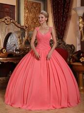 Watermelon Chiffon V-neck 2014 Spring Quinceanera Gown