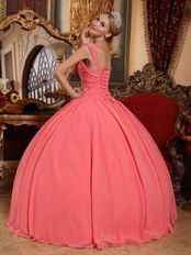 Watermelon Chiffon V-neck 2014 Spring Quinceanera Gown