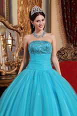 Beaded Strapless Aqua Blue Quinceanera Gown Tulle Fabric