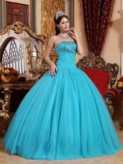 Beaded Strapless Aqua Blue Quinceanera Gown Tulle Fabric