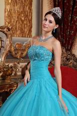 Beaded Strapless Aqua Blue Quinceanera Gown Tulle Fabric