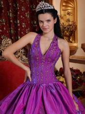 Applique Emberllish Dark Magenta Halter Quinceanera Gown