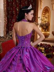 Applique Emberllish Dark Magenta Halter Quinceanera Gown