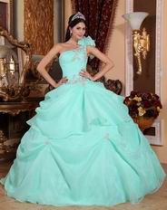 One Shoulder Aqua Blue Organza Puffy Quinceanera Dress