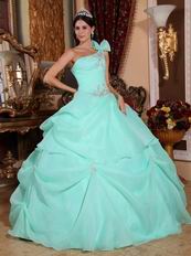 One Shoulder Aqua Blue Organza Puffy Quinceanera Dress