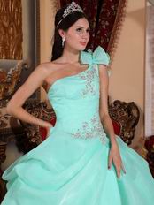 One Shoulder Aqua Blue Organza Puffy Quinceanera Dress