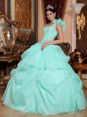 One Shoulder Aqua Blue Organza Puffy Quinceanera Dress