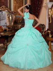 One Shoulder Aqua Blue Organza Puffy Quinceanera Dress