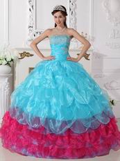 Aqua Blue and Deep Pink Cascade Skirt Quinceanera Dress