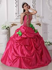 Beaded Deep Pink Quinceanera Gown With Spring Green Hand Made Flowers