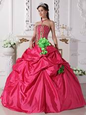 Beaded Deep Pink Quinceanera Gown With Spring Green Hand Made Flowers