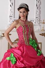 Beaded Deep Pink Quinceanera Gown With Spring Green Hand Made Flowers