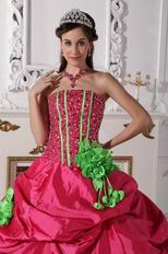 Beaded Deep Pink Quinceanera Gown With Spring Green Hand Made Flowers