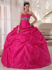 Spring Green Flower Decorate Deep Pink Quinceanera Girls Dress