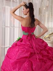 Spring Green Flower Decorate Deep Pink Quinceanera Girls Dress