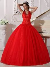 Halter Floor Length Quinceanera Dress In Dark Red