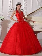 Halter Floor Length Quinceanera Dress In Dark Red