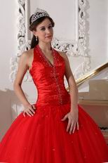 Halter Floor Length Quinceanera Dress In Dark Red