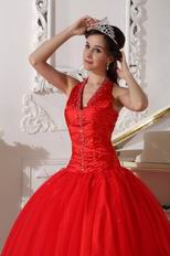 Halter Floor Length Quinceanera Dress In Dark Red