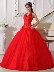 Halter Floor Length Quinceanera Dress In Dark Red