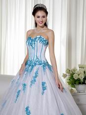 Aqua Applique Details White Fashionable Quinceanera Dress