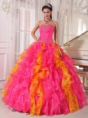 Hot Pink and Orange Ruffled Skirt Quinceanera Dress Contrast Color