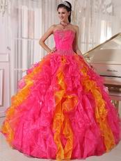 Hot Pink and Orange Ruffled Skirt Quinceanera Dress Contrast Color