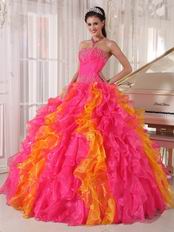 Hot Pink and Orange Ruffled Skirt Quinceanera Dress Contrast Color