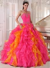 Hot Pink and Orange Ruffled Skirt Quinceanera Dress Contrast Color
