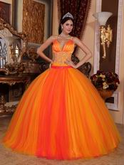 Orange Red Spaghetti Straps Sweet 16 Quinceanera Party Wear