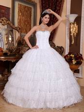 White Cascade Puffy Skirt Sequin Fabric Sweet 16 Dress For Girl