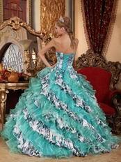 Turquoise And Porcelain Printed Cascade Quinceanera Dress