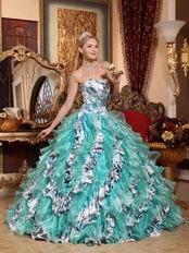 Turquoise And Porcelain Printed Cascade Quinceanera Dress