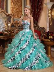 Turquoise And Porcelain Printed Cascade Quinceanera Dress