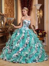 Turquoise And Porcelain Printed Cascade Quinceanera Dress