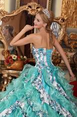 Turquoise And Porcelain Printed Cascade Quinceanera Dress