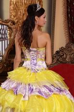 Sweetheart Bright Yellow And Printed Layers Quinceanera Dress