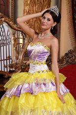 Sweetheart Bright Yellow And Printed Layers Quinceanera Dress