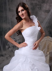One Shoulder White Wedding Dress With Handmade Flowers Low Price