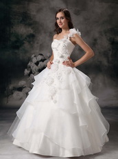 White A-line One Shoulder Organza Puffy Wedding Dress Cheap Low Price